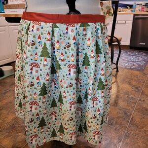 Unique Vintage Mint Green Gnome & Forest Print Skirt with Red Waistband